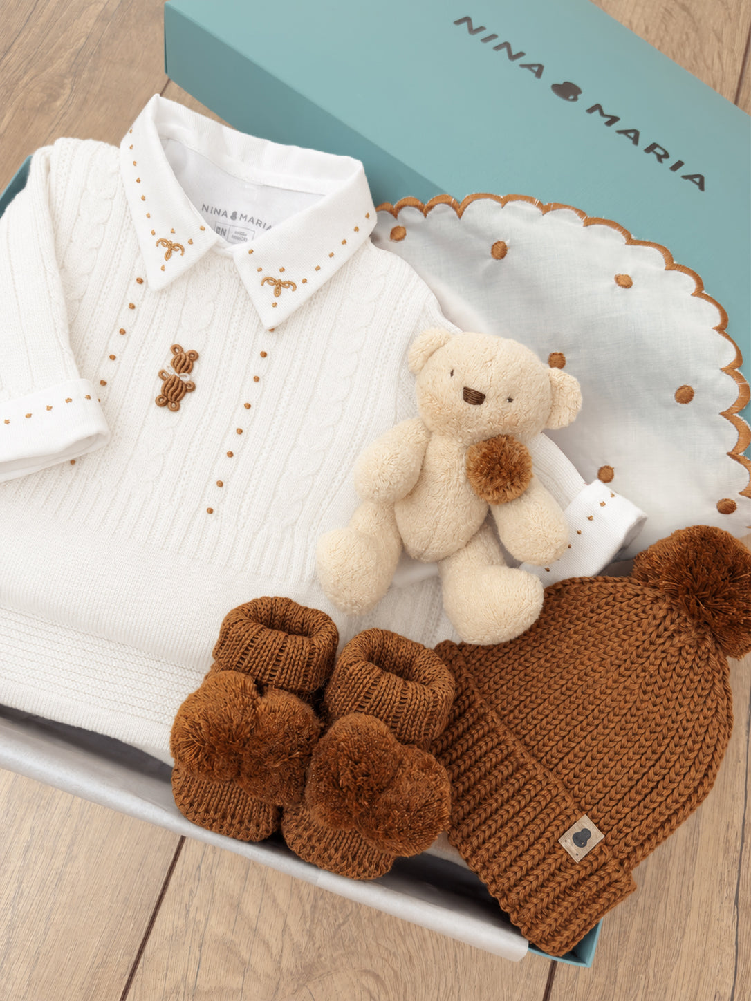 Conjunto Saída Maternidade Urso Rococó - Branco - Nina & Maria Baby Store