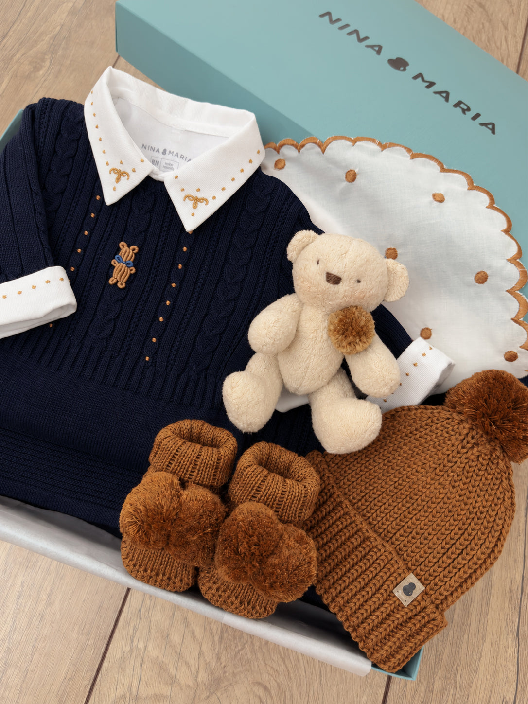 Conjunto Saída Maternidade Urso Rococó - Marinho Noite - Nina & Maria Baby Store
